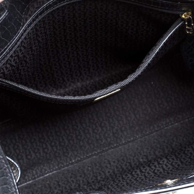 Pre Owned Aigner Black Signature Canvas and Croc Embossed Leather Cavallina Tote