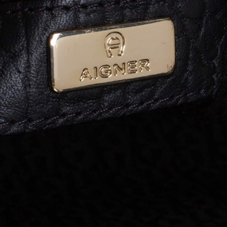 Pre Owned Aigner Black Signature Canvas and Croc Embossed Leather Cavallina Tote