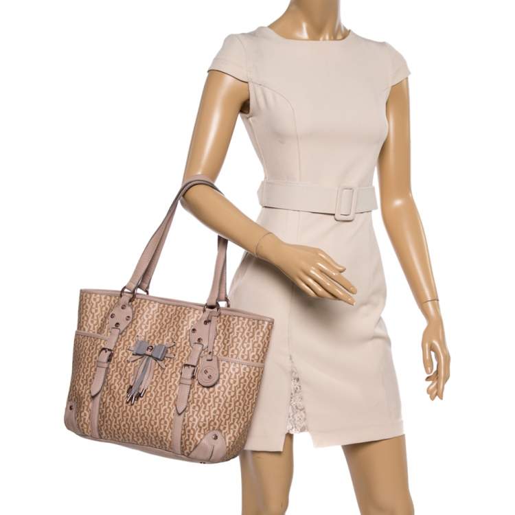 Pre Owned Aigner Beige/Pink Signature Coated Canvas and Leather Bow Tote