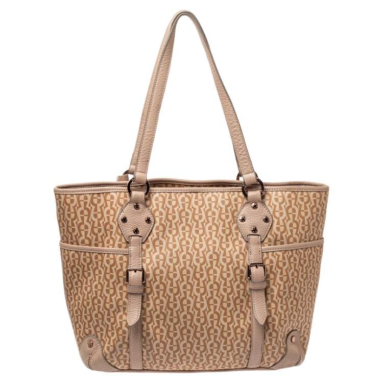 Pre Owned Aigner Beige/Pink Signature Coated Canvas and Leather Bow Tote