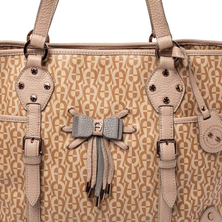 Pre Owned Aigner Beige/Pink Signature Coated Canvas and Leather Bow Tote