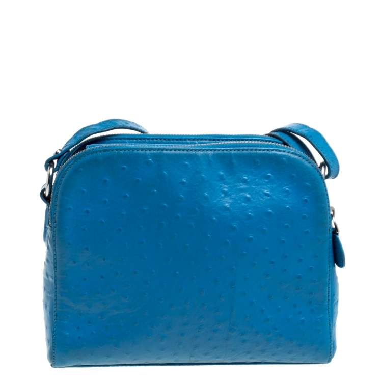 Pre Owned Aigner Sky Blue Ostrich Embossed Leather Double Zip Shoulder Bag
