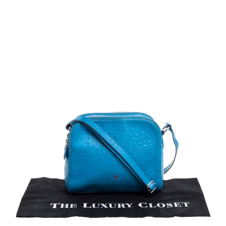 Pre Owned Aigner Sky Blue Ostrich Embossed Leather Double Zip Shoulder Bag