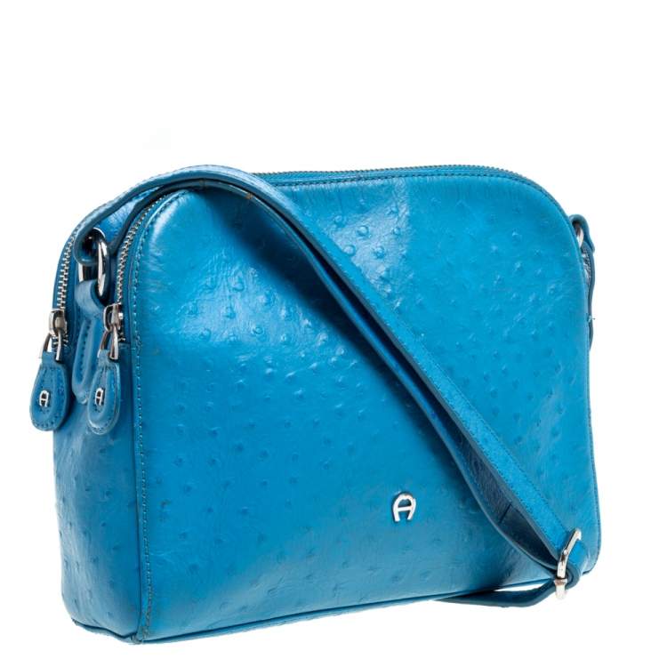 Pre Owned Aigner Sky Blue Ostrich Embossed Leather Double Zip Shoulder Bag