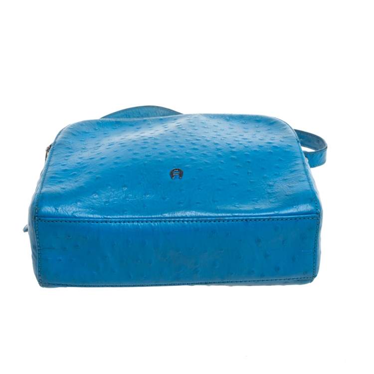 Pre Owned Aigner Sky Blue Ostrich Embossed Leather Double Zip Shoulder Bag