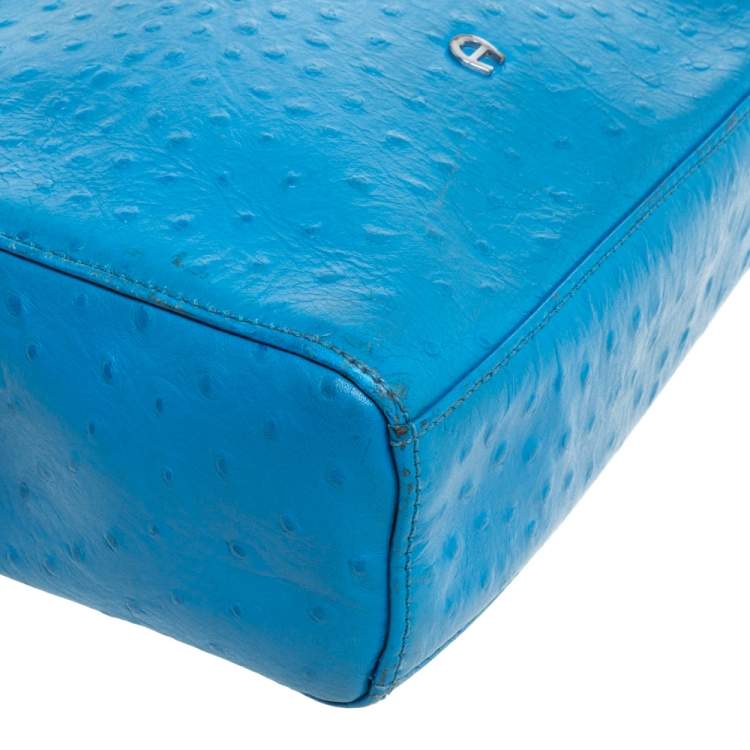 Pre Owned Aigner Sky Blue Ostrich Embossed Leather Double Zip Shoulder Bag