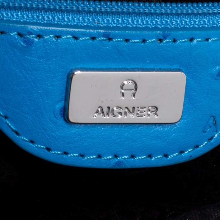 Pre Owned Aigner Sky Blue Ostrich Embossed Leather Double Zip Shoulder Bag