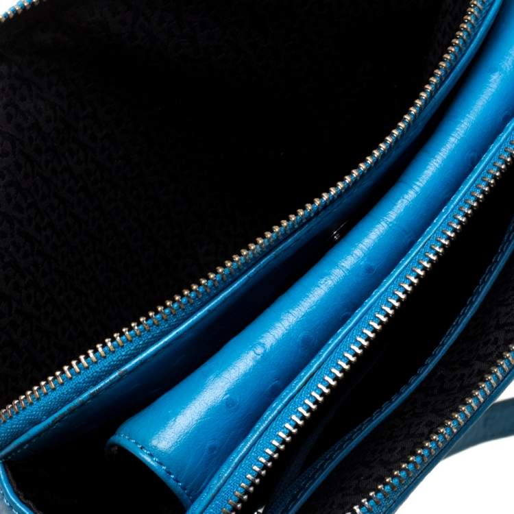 Pre Owned Aigner Sky Blue Ostrich Embossed Leather Double Zip Shoulder Bag