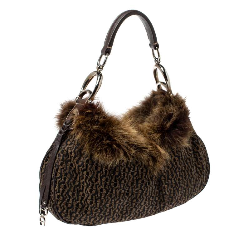 Pre Owned Aigner Brown Signature Canvas,Leather and Faux Fur Logo Handle Hobo