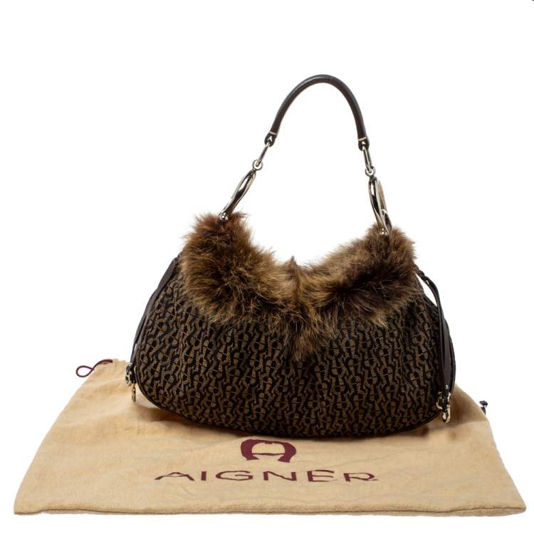 Pre Owned Aigner Brown Signature Canvas,Leather and Faux Fur Logo Handle Hobo
