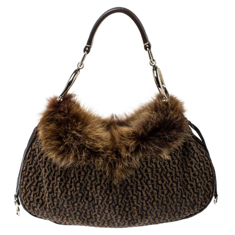 Pre Owned Aigner Brown Signature Canvas,Leather and Faux Fur Logo Handle Hobo