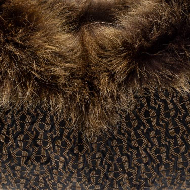 Pre Owned Aigner Brown Signature Canvas,Leather and Faux Fur Logo Handle Hobo