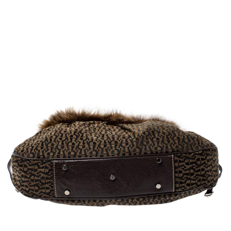 Pre Owned Aigner Brown Signature Canvas,Leather and Faux Fur Logo Handle Hobo