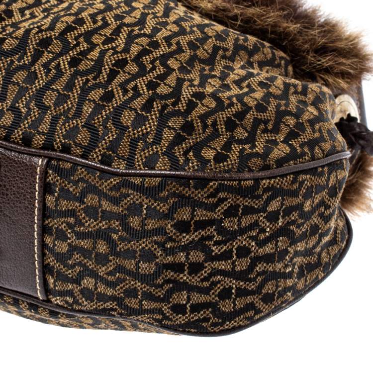 Pre Owned Aigner Brown Signature Canvas,Leather and Faux Fur Logo Handle Hobo
