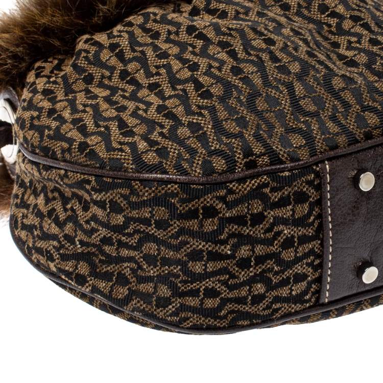 Pre Owned Aigner Brown Signature Canvas,Leather and Faux Fur Logo Handle Hobo
