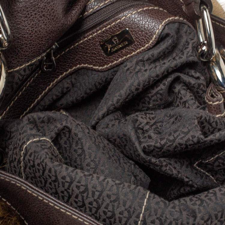 Pre Owned Aigner Brown Signature Canvas,Leather and Faux Fur Logo Handle Hobo