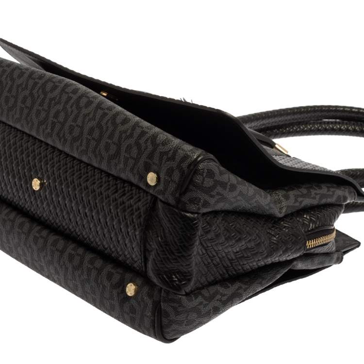 Pre Owned Aigner Black Signature Coated Canvas And Leather Tassel Top Handle Bag