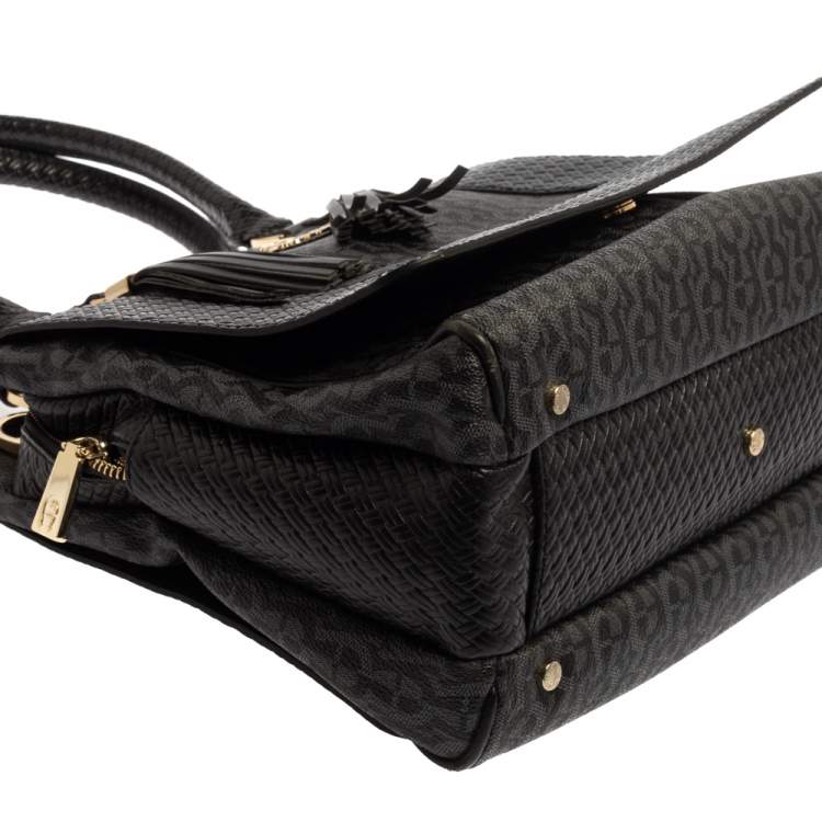 Pre Owned Aigner Black Signature Coated Canvas And Leather Tassel Top Handle Bag