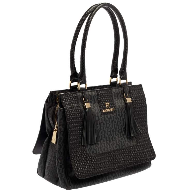 Pre Owned Aigner Black Signature Coated Canvas And Leather Tassel Top Handle Bag
