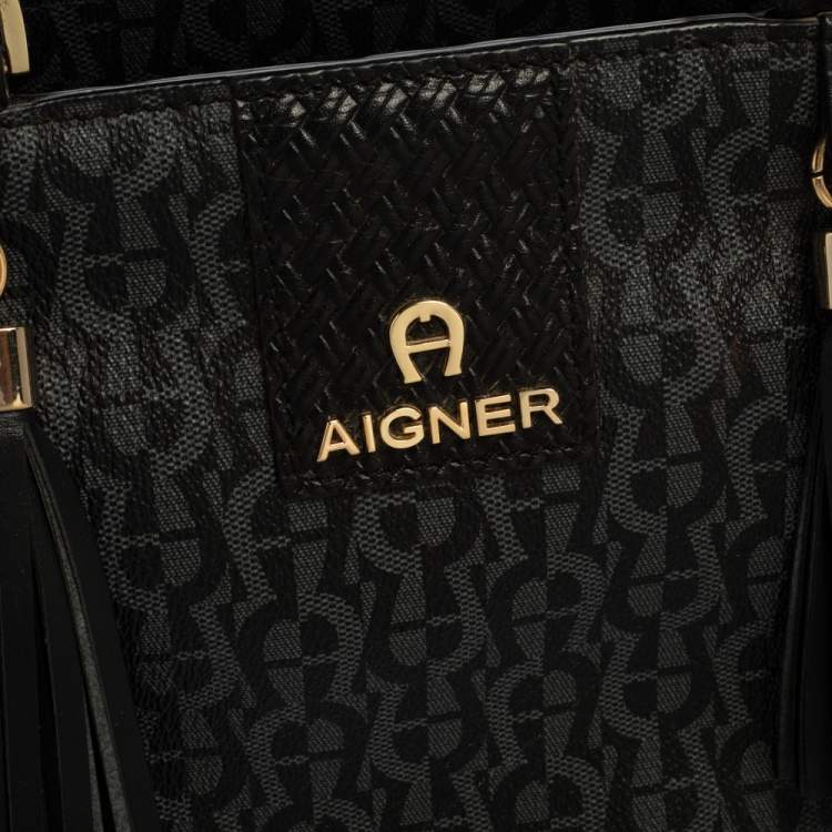 Pre Owned Aigner Black Signature Coated Canvas And Leather Tassel Top Handle Bag