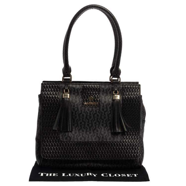 Pre Owned Aigner Black Signature Coated Canvas And Leather Tassel Top Handle Bag