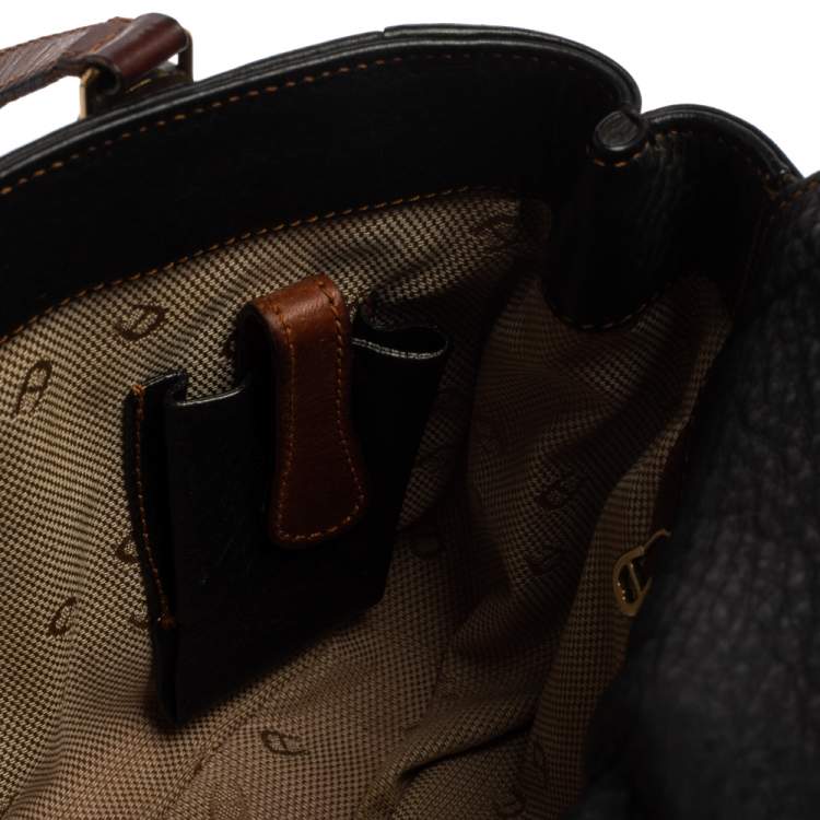 Pre Owned Aigner Black/Brown Grained Leather Logo Metal Handle Tote