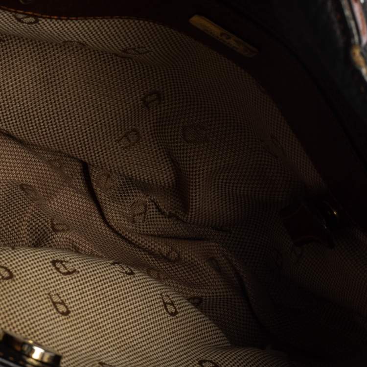 Pre Owned Aigner Black/Brown Grained Leather Logo Metal Handle Tote
