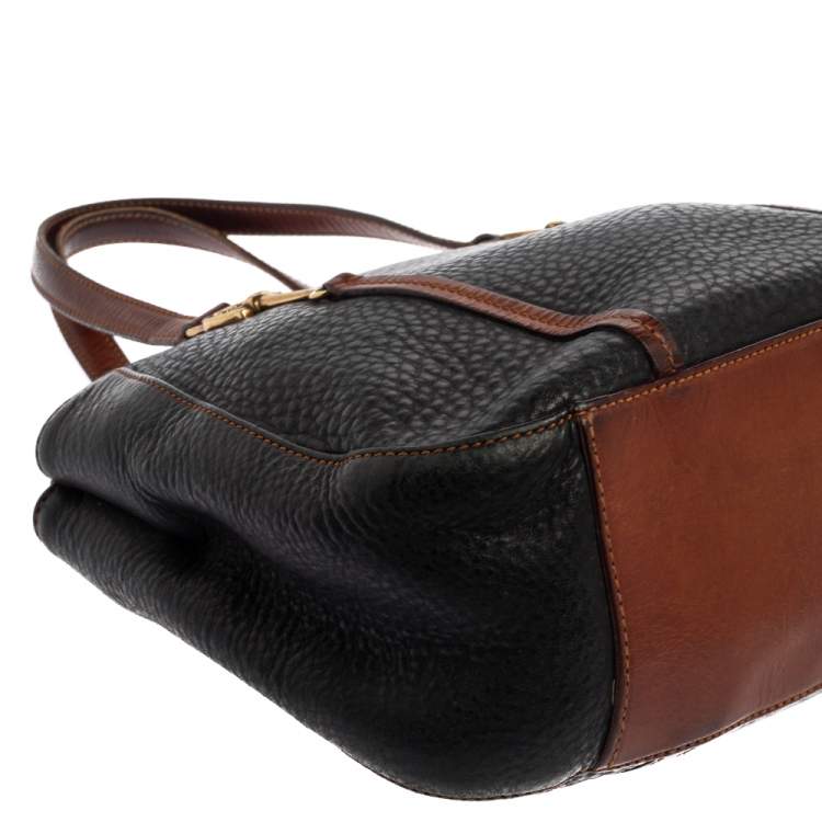 Pre Owned Aigner Black/Brown Grained Leather Logo Metal Handle Tote