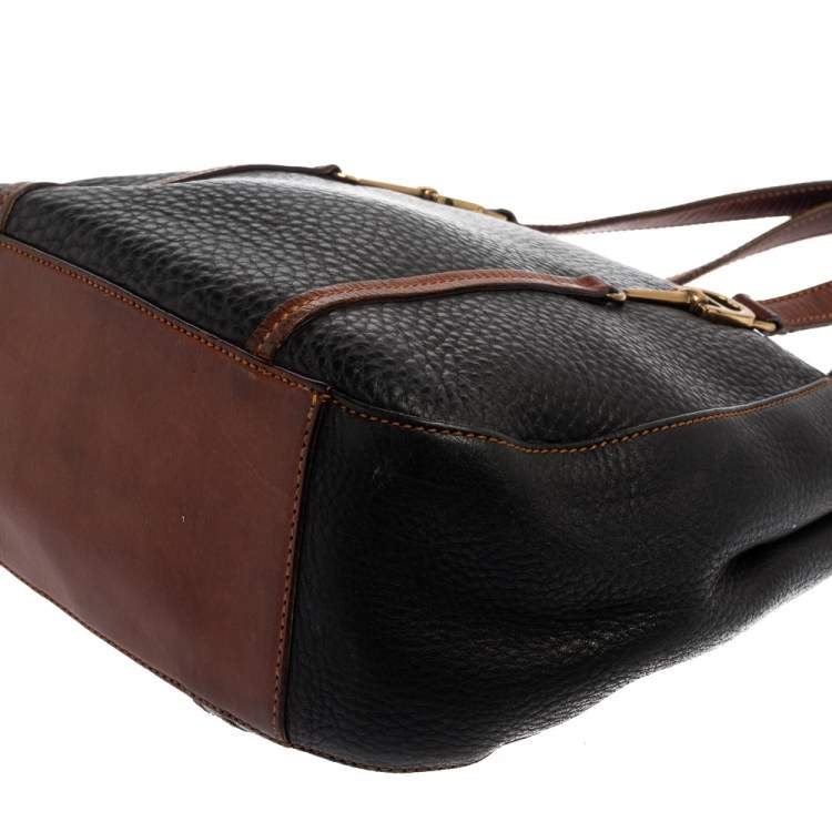 Pre Owned Aigner Black/Brown Grained Leather Logo Metal Handle Tote