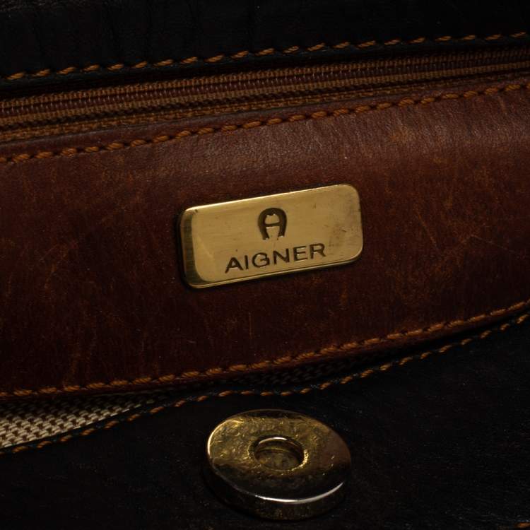 Pre Owned Aigner Black/Brown Grained Leather Logo Metal Handle Tote