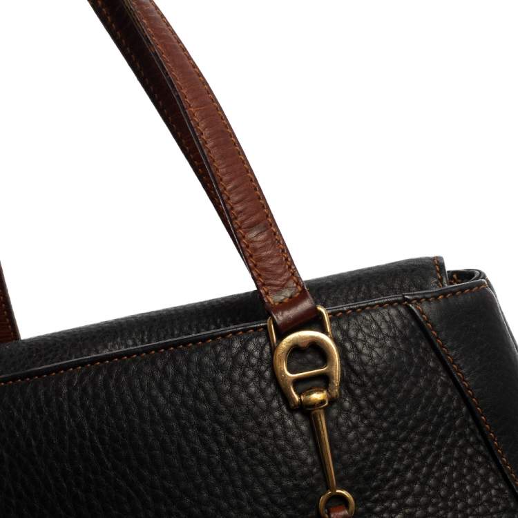 Pre Owned Aigner Black/Brown Grained Leather Logo Metal Handle Tote