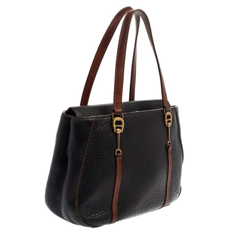 Pre Owned Aigner Black/Brown Grained Leather Logo Metal Handle Tote