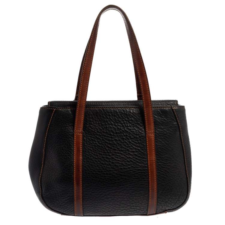 Pre Owned Aigner Black/Brown Grained Leather Logo Metal Handle Tote