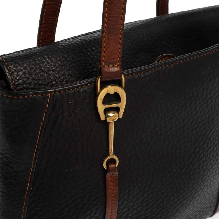 Pre Owned Aigner Black/Brown Grained Leather Logo Metal Handle Tote