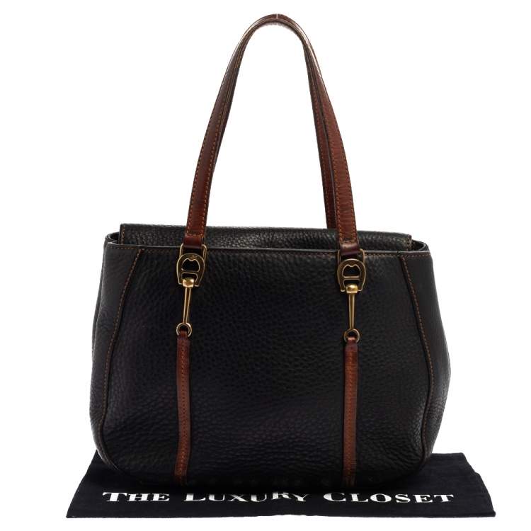 Pre Owned Aigner Black/Brown Grained Leather Logo Metal Handle Tote