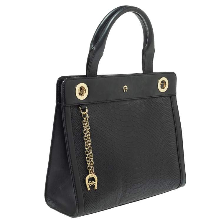 Pre Owned Aigner Black Python Embossed Leather Cavallina Top Handle Bag