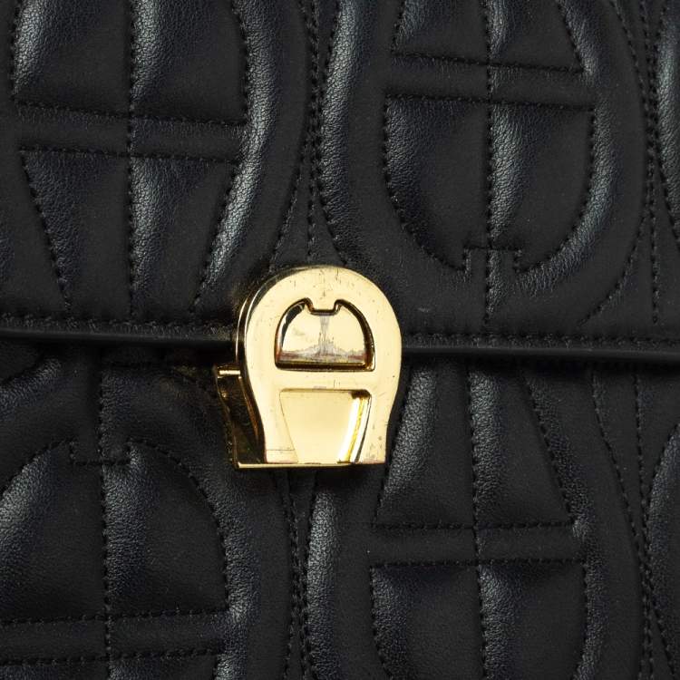Pre Owned Aigner Black Signature Leather Genoveva Top Handle Bag