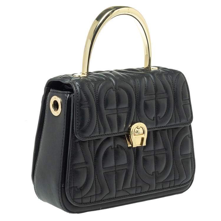Pre Owned Aigner Black Signature Leather Genoveva Top Handle Bag