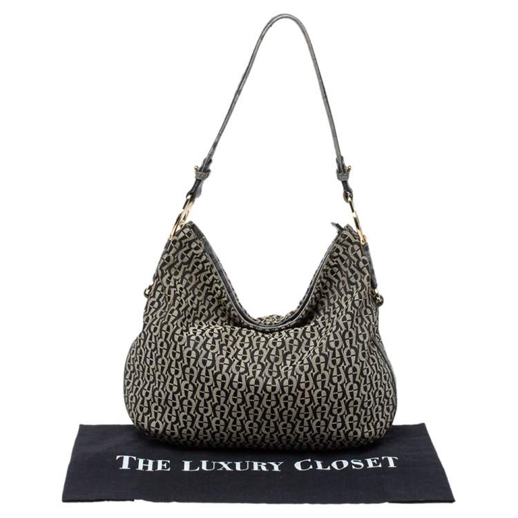 Pre Owned Aigner Grey/Black Signature Canvas and Leather Hobo