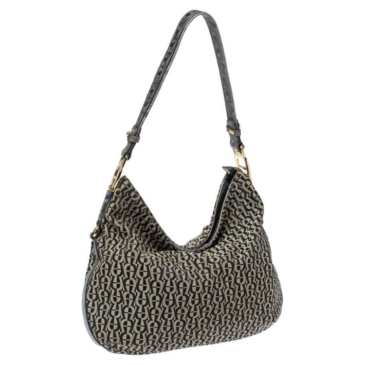 Pre Owned Aigner Grey/Black Signature Canvas and Leather Hobo
