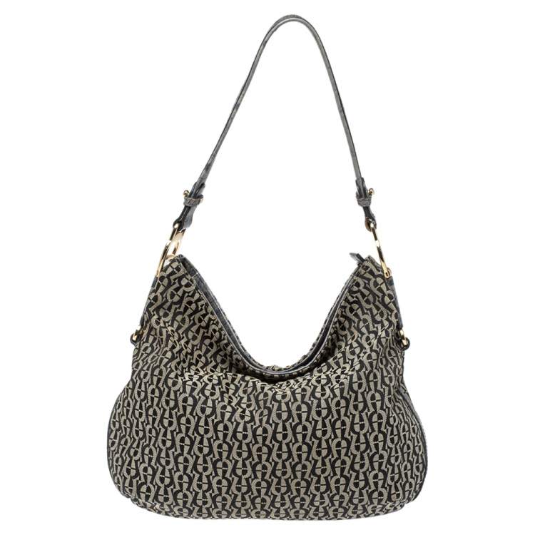 Pre Owned Aigner Grey/Black Signature Canvas and Leather Hobo