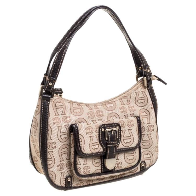 Pre Owned Aigner Monogram Canvas And Leather Front Pocket Baguette Shoulder Bag