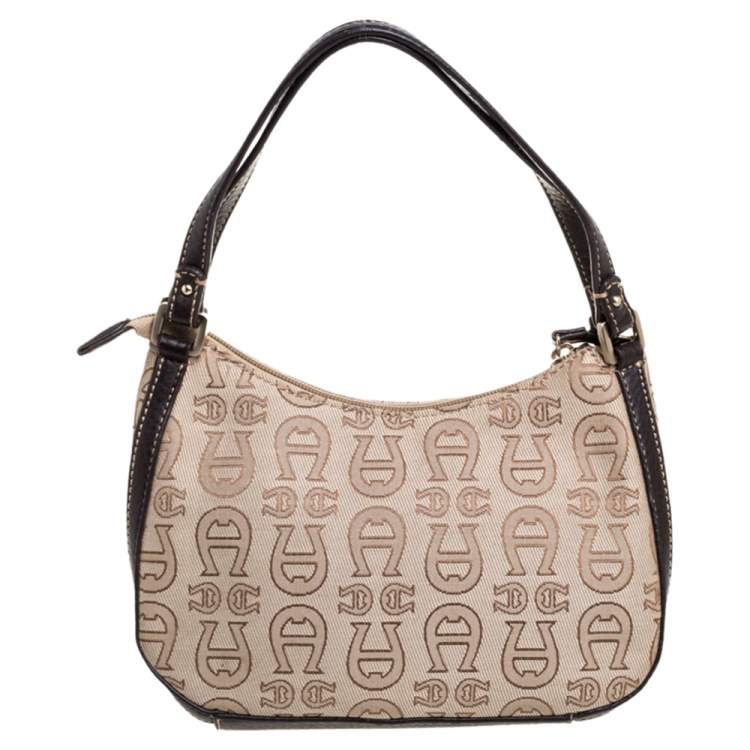 Pre Owned Aigner Monogram Canvas And Leather Front Pocket Baguette Shoulder Bag
