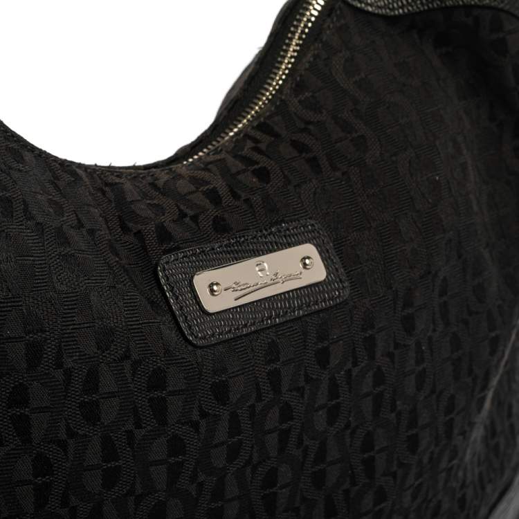 Pre Owned Aigner Black Signature Canvas and Lizard Embossed Leather Hobo