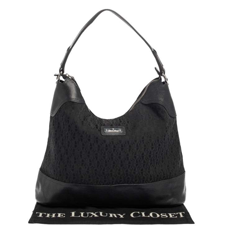 Pre Owned Aigner Black Signature Canvas and Lizard Embossed Leather Hobo