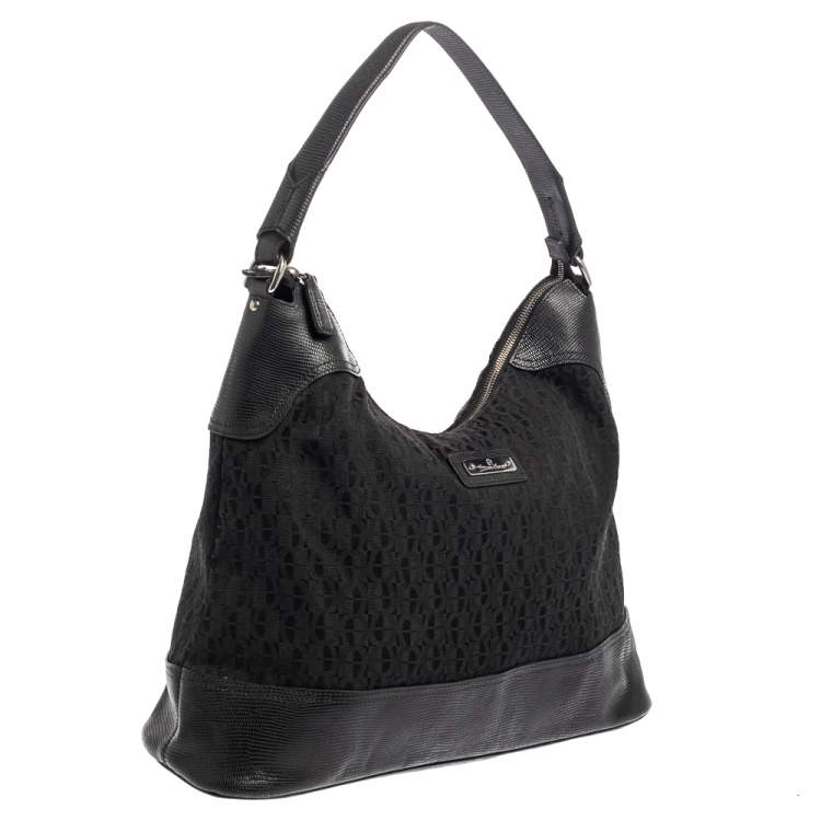 Pre Owned Aigner Black Signature Canvas and Lizard Embossed Leather Hobo