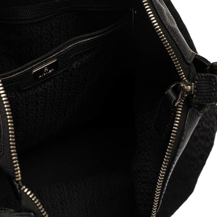 Pre Owned Aigner Black Signature Canvas and Lizard Embossed Leather Hobo