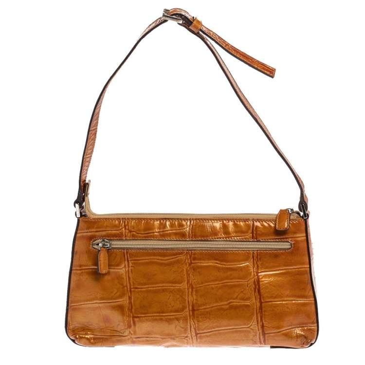 Pre Owned Aigner Tan Croc Embossed Patent Leather Baguette Shoulder Bag