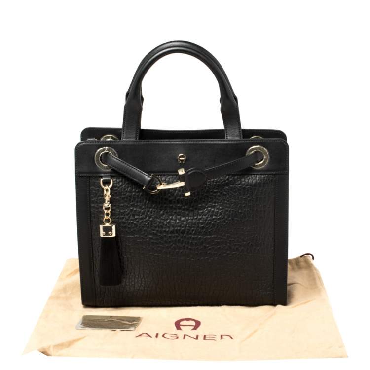 Pre Owned Aigner Black Pebbled Leather Cavallina Tote
