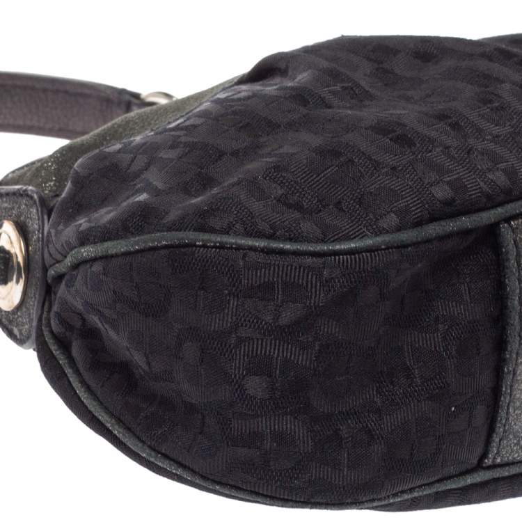 Pre Owned Aigner Black Signature Canvas and Shimmer Nubuck Leather Logo Handle Hobo
